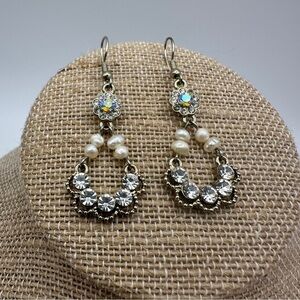 Silver Chandelier Earrings with Pearls & Crystals Fancy Wedding Bridal Statement